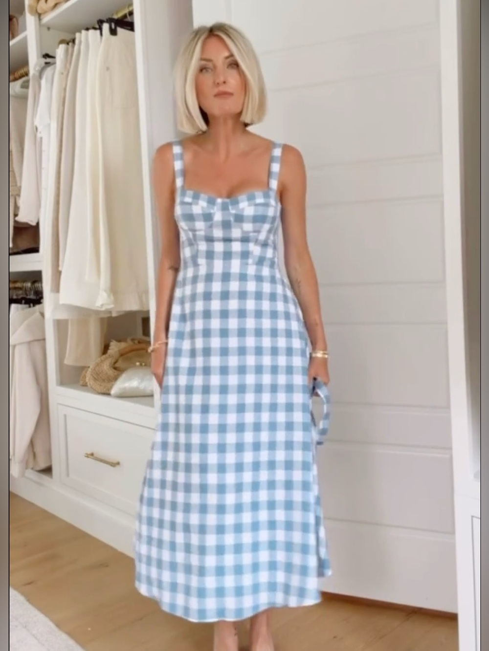 Gingham Belted Midi Dress in Linen Blend